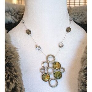 Abalone Shell Pendant Necklace Statement Rhinestone Circle‎ Modern Costume...